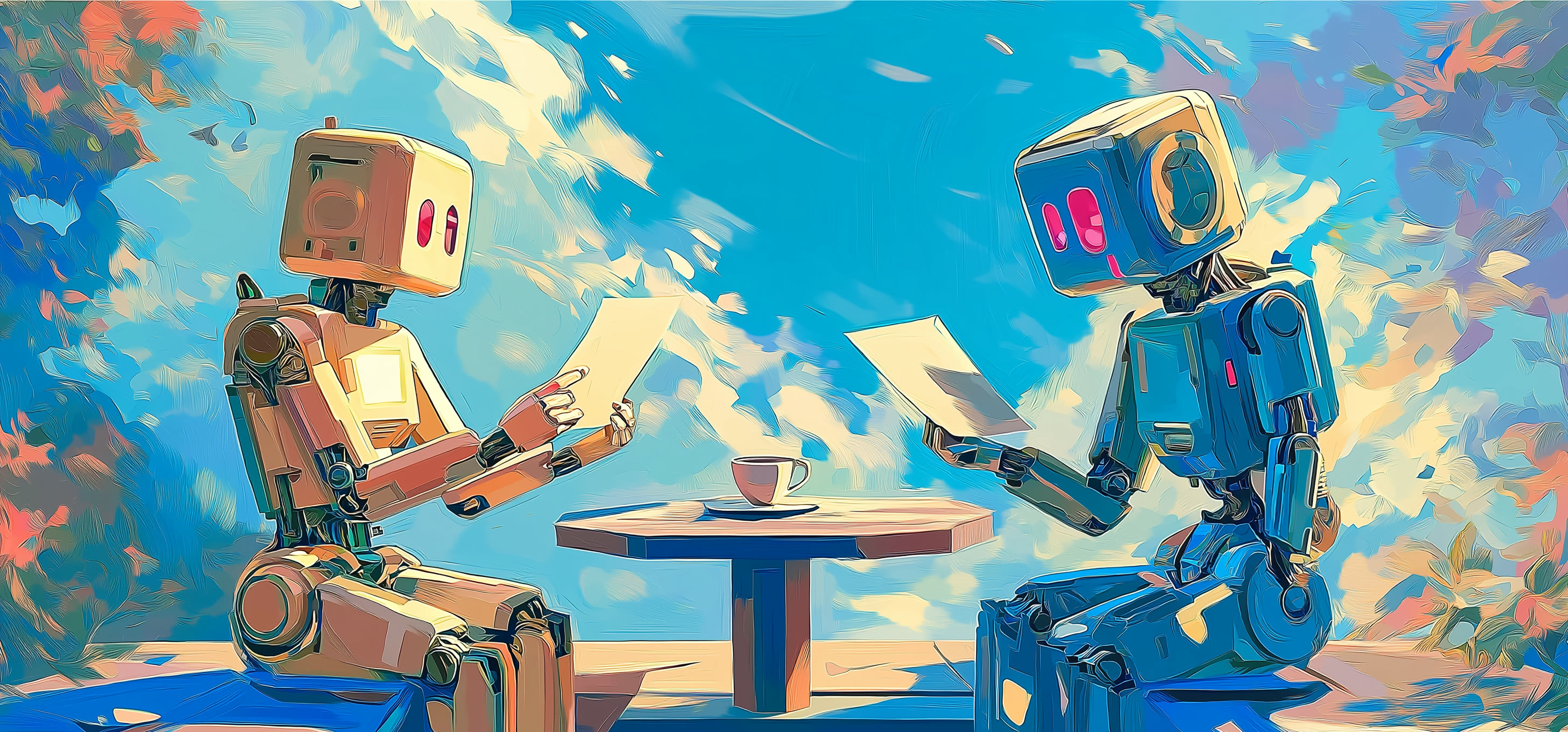 Two illustrated robots sit at an outdoor table reading papers.